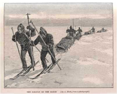 1888 - Illus. of Fridtjof Nansen and team on skis in Greenland with sledges, using two long poles - with ice-axe attachments on one of ea. pair
