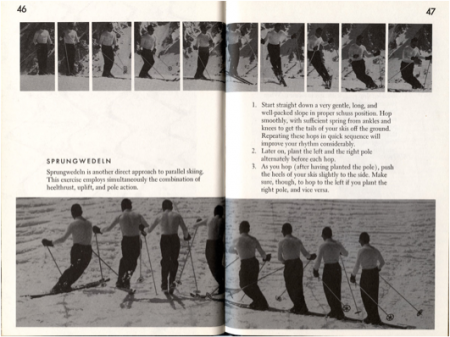 1960 - Photo sequences demonstrating the Sprungwedeln (short rhythmic turns with a hop) with use of pole
