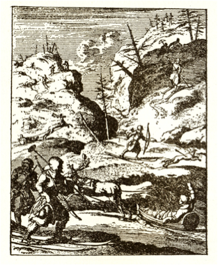 1682 - Illus. from Schaller’s Laponia, 1682, with skiers on long equal length skis, with tails
