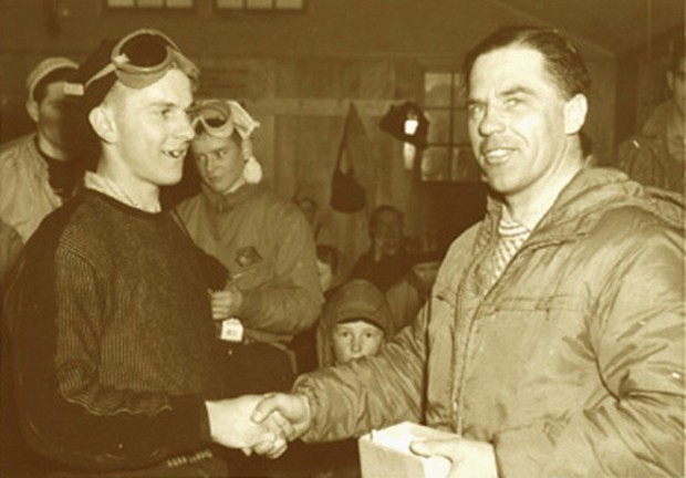 Jay Peak - Walter Foeger presenting Gold Medal to Ernie McFarlane, Spring 1959